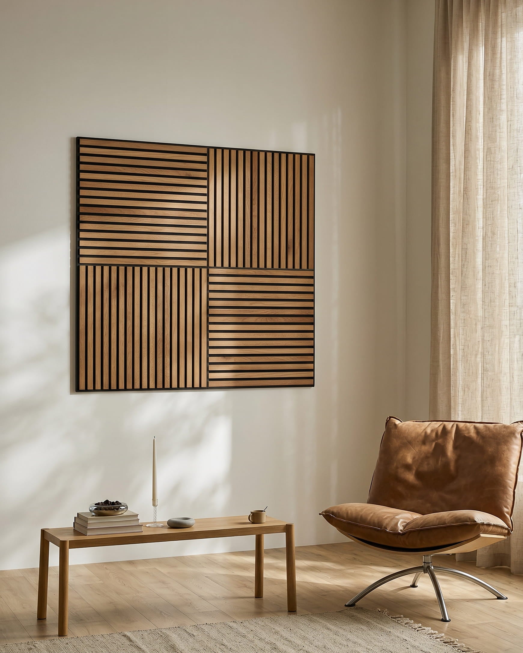 Sala de estar minimalista com uma cadeira de lounge brown, mesa de centro em madeira e WoodUpp Akupixel Rustic Brown Oak Painel acústico na parede, com luz natural.